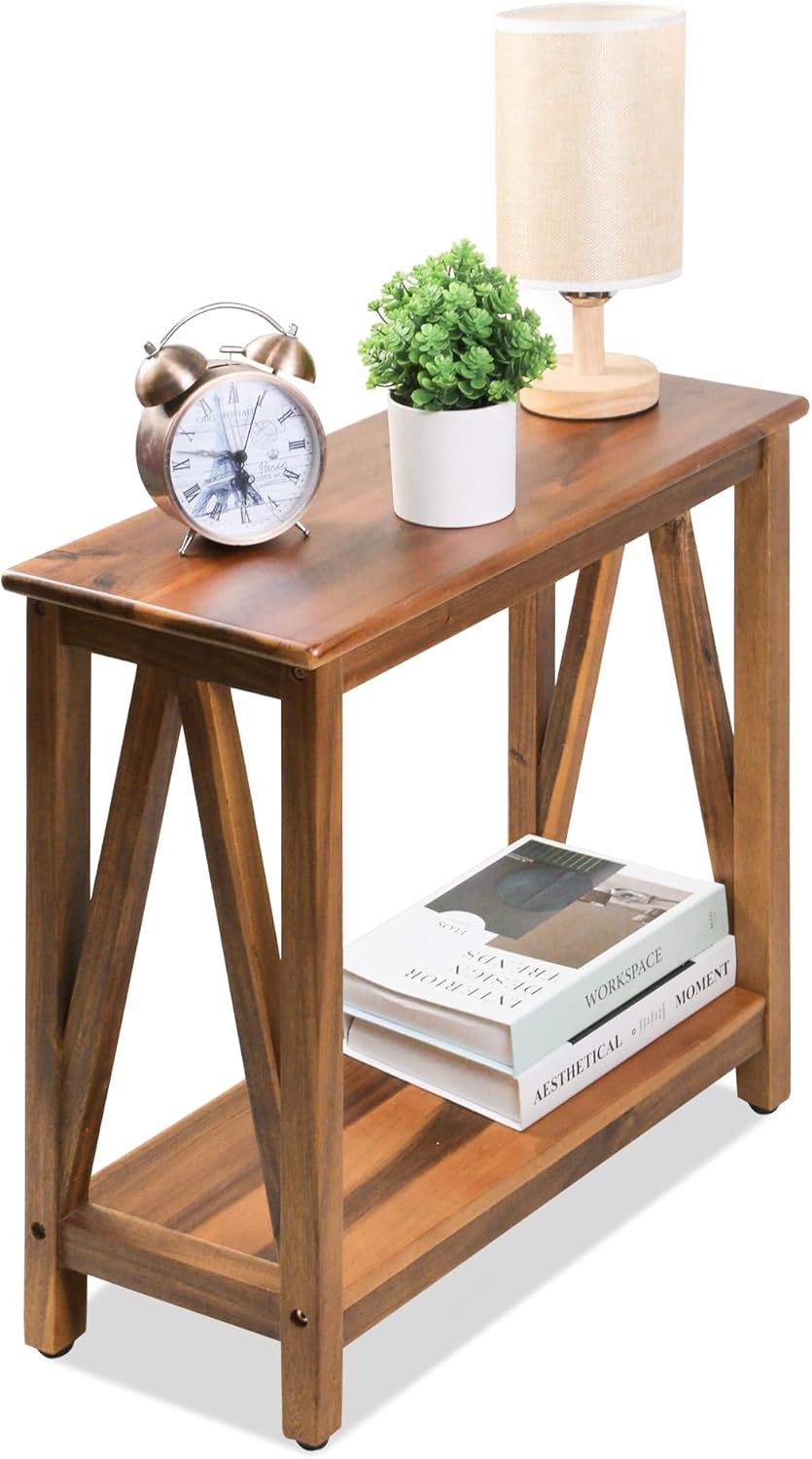ENKEZI Narrow End Table with Shelf – Slim Side Table, Nightstand for Small Sp...