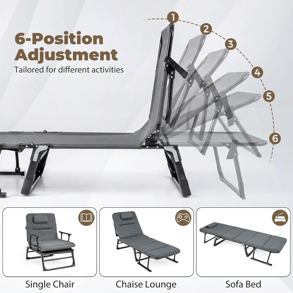 KOTEK Chaise Lounge Chair, 6-Position Folding Camping Cot with Padded Mattres...
