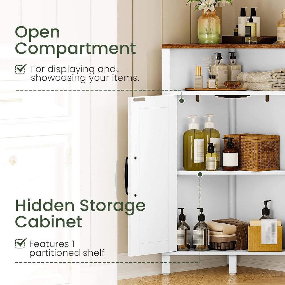 Farmhouse-Style Corner Cabinet, Corner Shelf with Open Storage, Double-Door S...