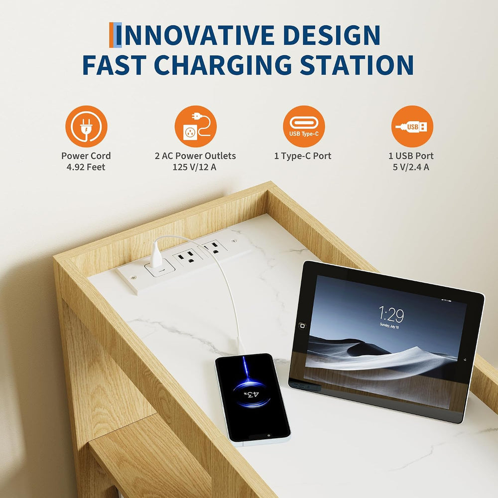 End Table with Charging Station, Mobile Side Table with Drawer, 3-Level Adjus...