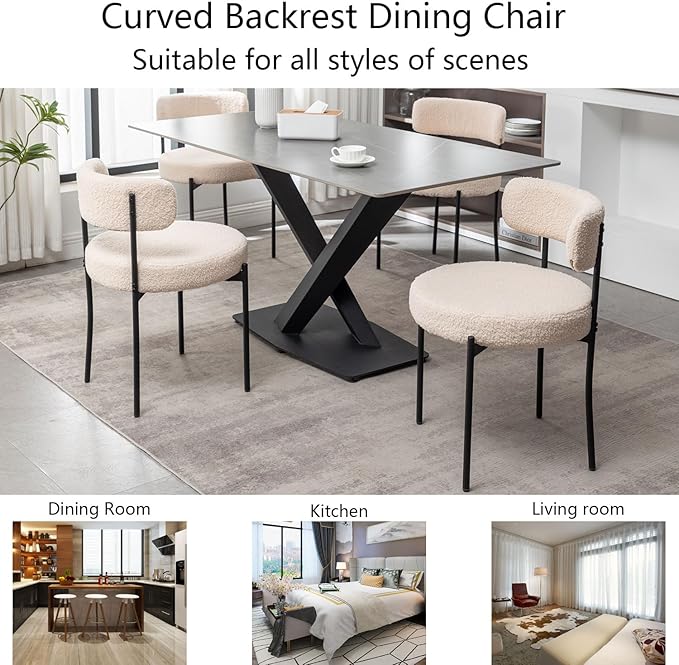 Boucle Dining Chairs Set of 4, Upholstered Dining Room Chairs with Black Meta...