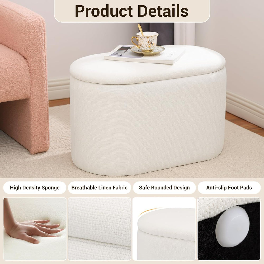 Oval Ottoman with Storage for Living Room, Modern Linen Fabric Foot Stools Ot...