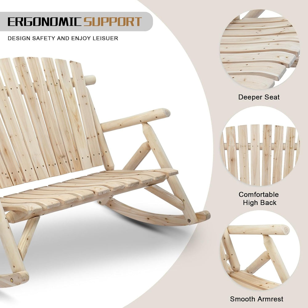 Outvita 2-Person Wood Rocking Chair, Fir Log Adirondack Rocker, Outdoor Wood ...