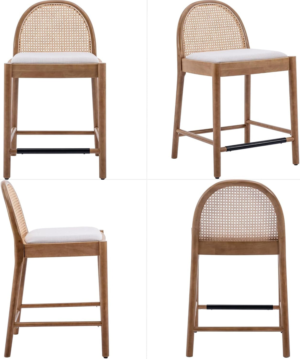 Ya-Home Mid-Century Bar Stools Set of 4, 26 Inch Rattan Back Linen Counter He...