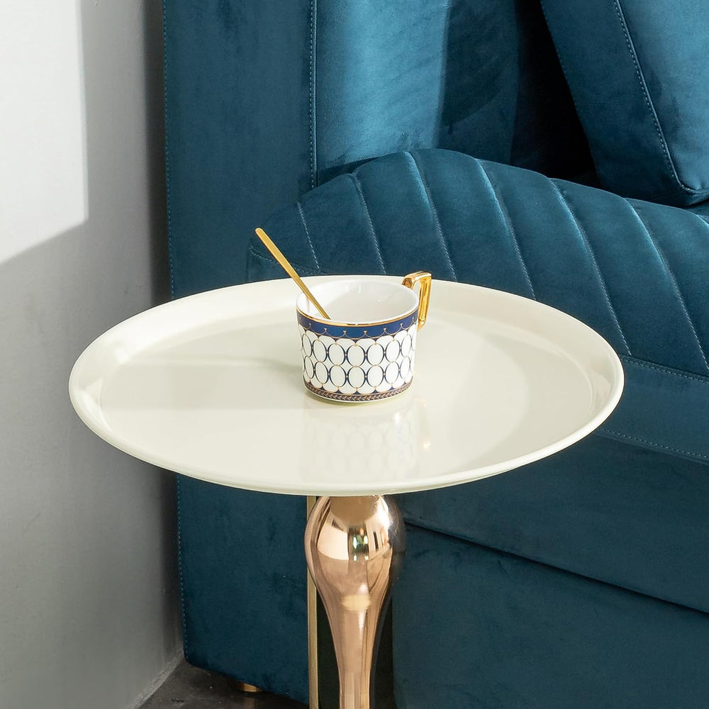 Round Side Table, White and Rose Gold, Cocktail End Table for Living Room, 14...