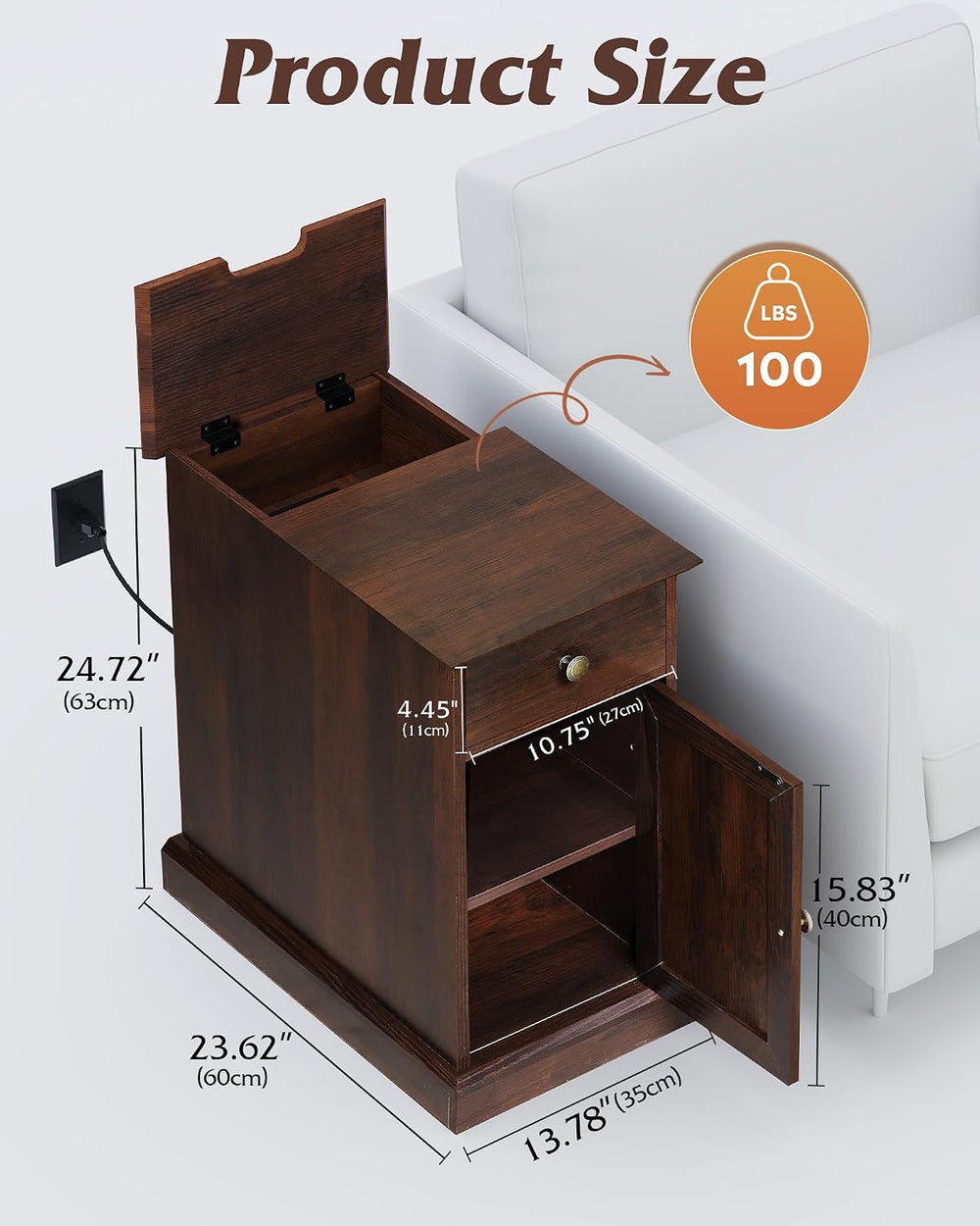 WLIVE End Table with Charging Station, Narrow Sied Table with Drawer & Ca...