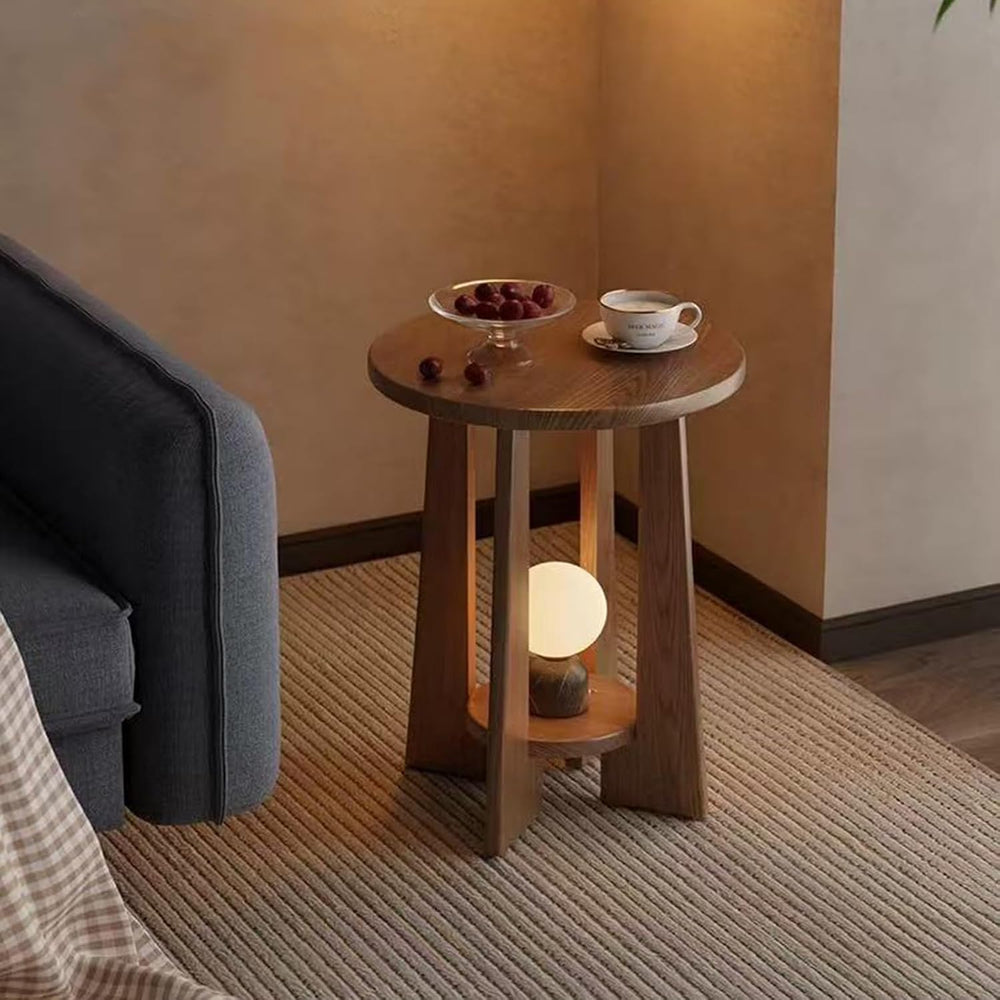 YUNMUAIR-Round Wood End Table with 2-Tier Storage,15.75" Dia Small Accen...