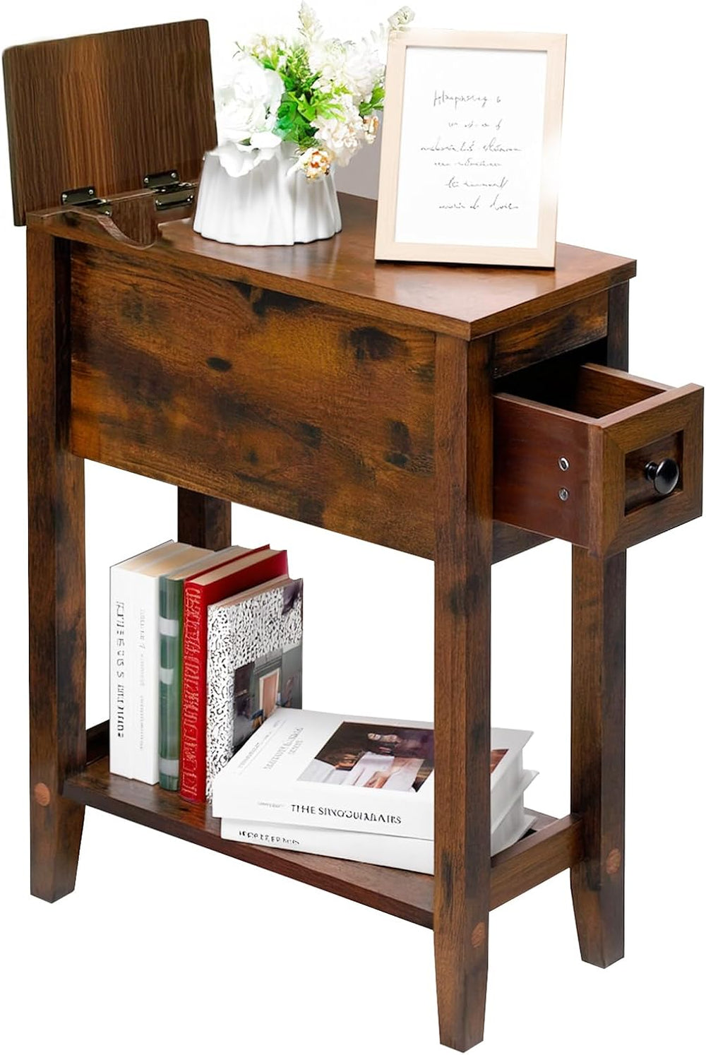 Chairside Table with Charger,Cherry End Table with Movable Top and Charging S...