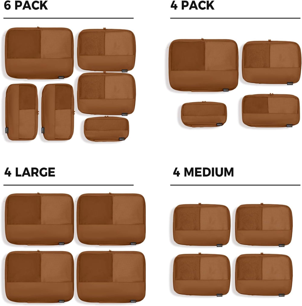 6 Piece Compression Packing Cubes for 7–14 Day Travel, Light Brown