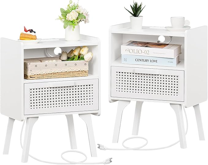 Lerliuo Rattan Nightstands set of 2 with Charging Station, Side Table with Dr...