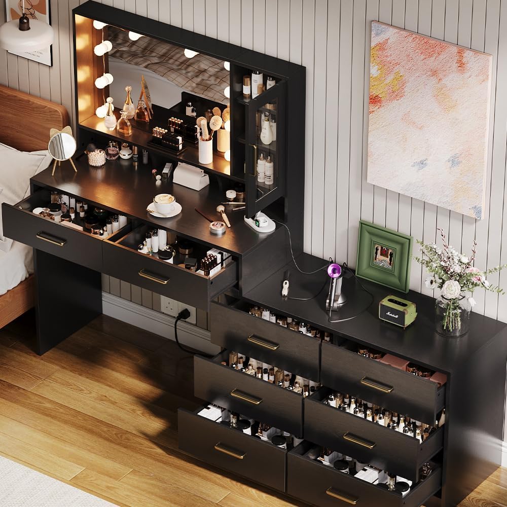 Makeup Desk with Drawers & Cabinet & Dresser, Black Vanity Table with...
