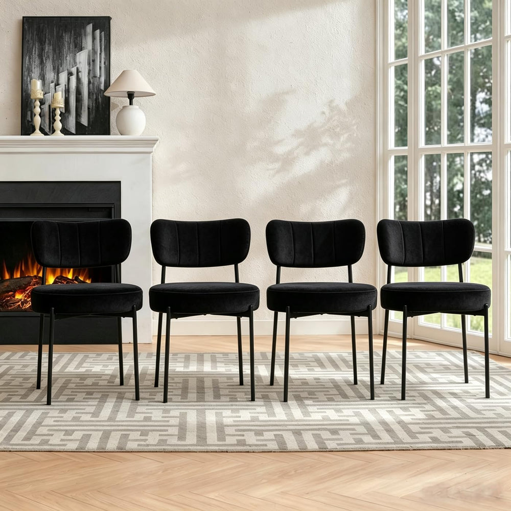 Black Dining Chairs Set of 4, Mid Century Modern Boucle Upholstered Kitchen C...