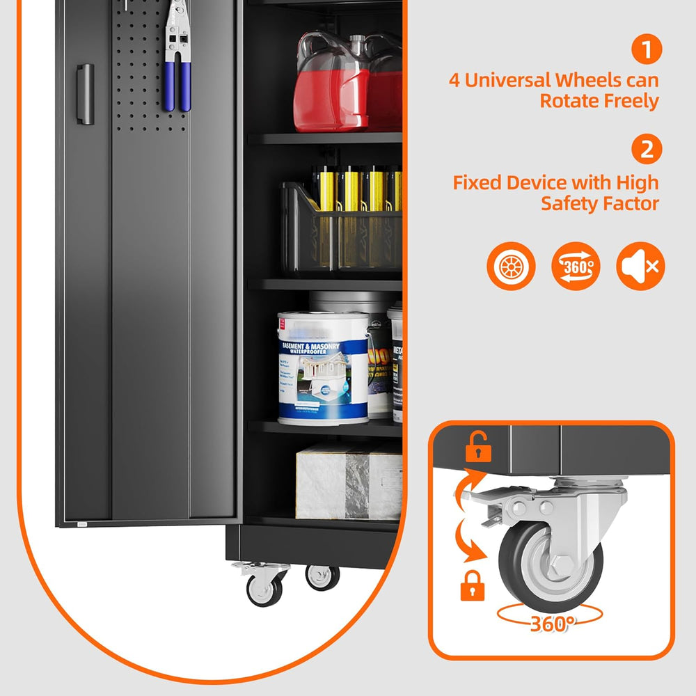 SUXXAN 71" Metal Storage Cabinet with Wheels, Pegboard, Lock, 5 Shelves ...