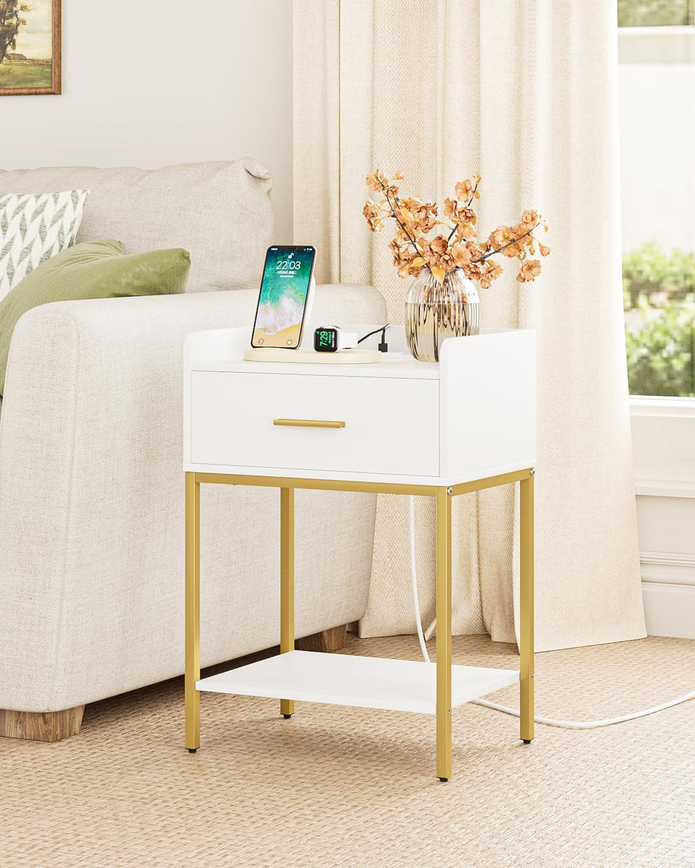 Nightstand with Charging Station, Modern Bedside Table with Drawer and Legs,W...