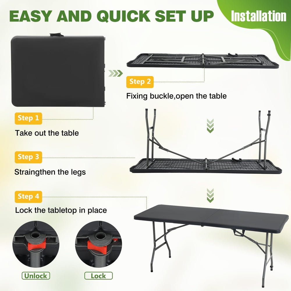 6FT Folding Table, Heavy Duty Plastic Table Portable Fold-in-Half Utility Tab...