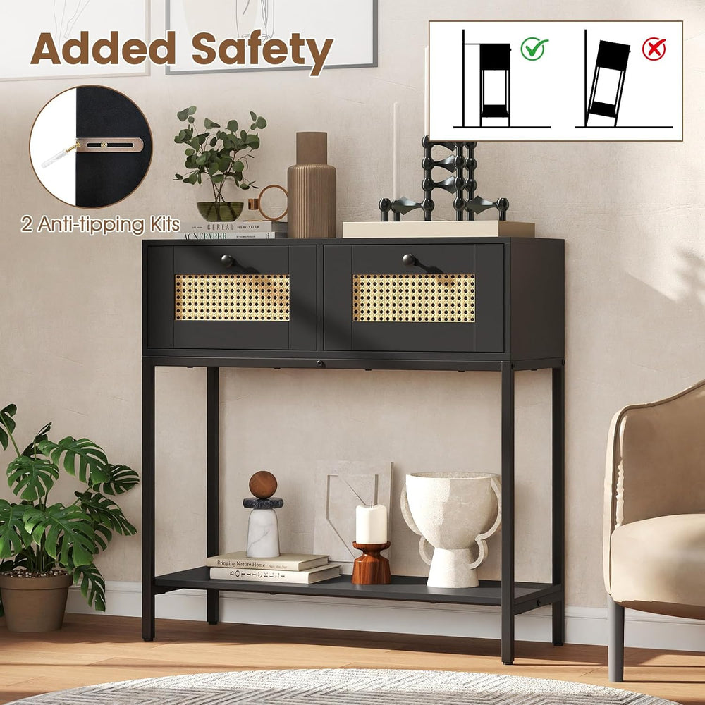 GOFLAME Rattan Console Table, Boho Entryway Table with 2 Drawers & Open S...