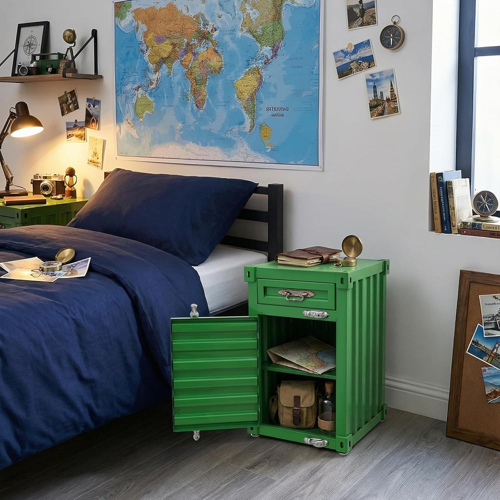 Industrial Metal Container Side Table, 3-Tier End Tables with Drawers, Bedsid...