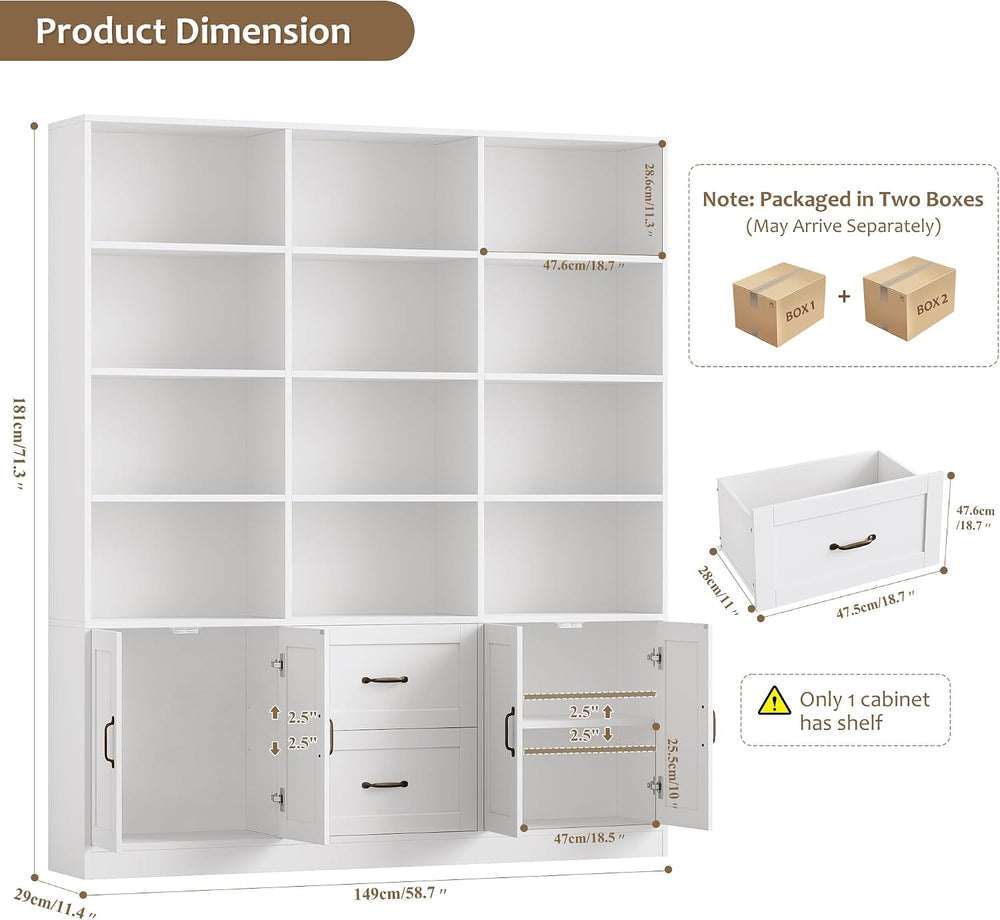 HOSTACK 71" Tall Triple Wide Bookshelf with Storage Drawers & Doors,...