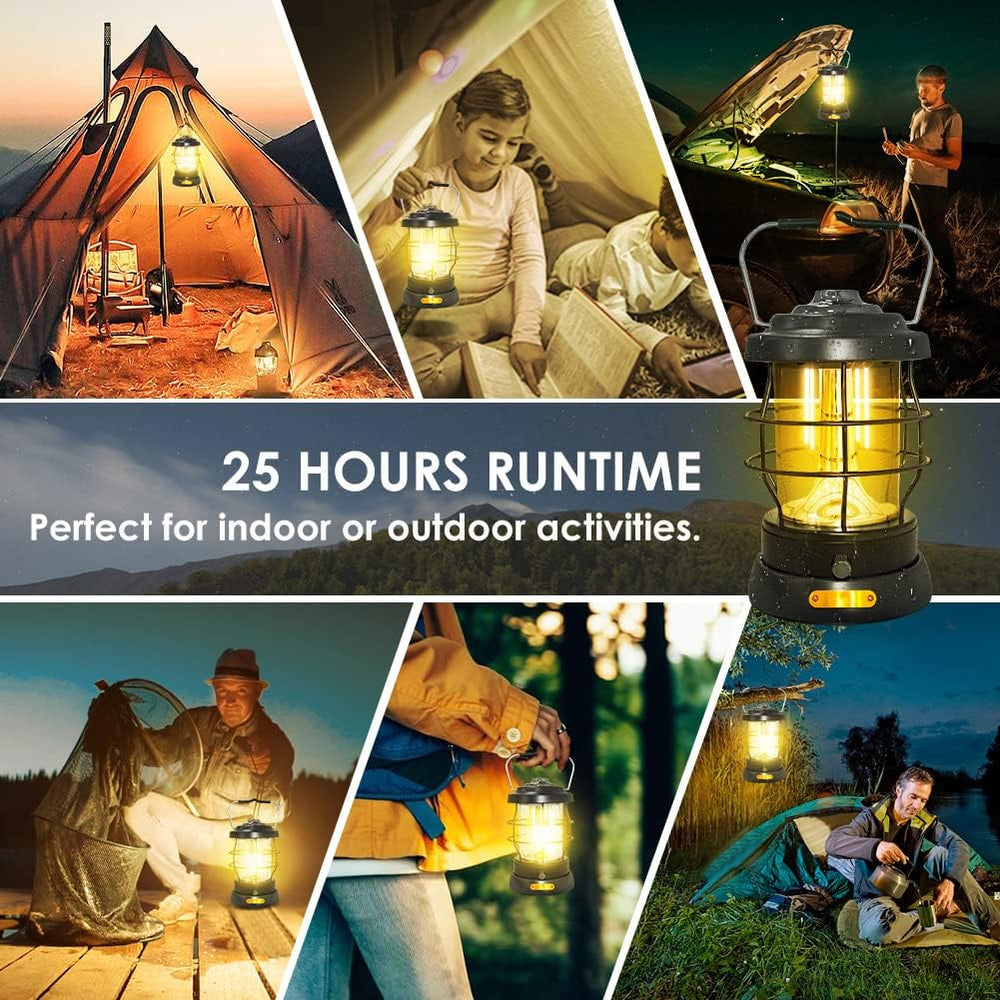 Retro Camping Lantern Rechargeable 1500LM 2 Modes Dimmable,Portable Electric ...