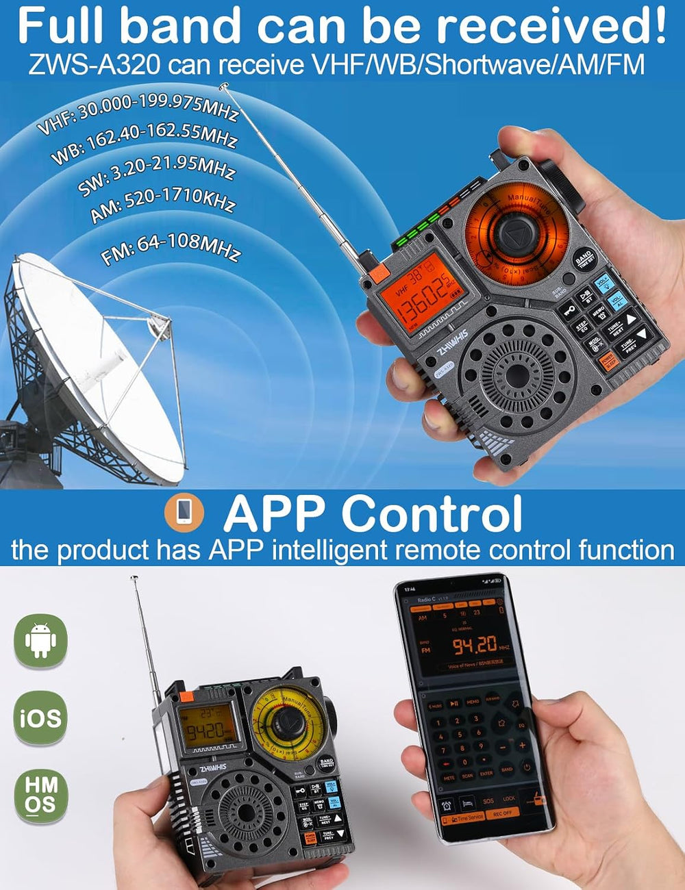 ZHIWHIS A320 Shortwave Radio, Bluetooth Speaker, MP3 Player AM FM VHF SW WB