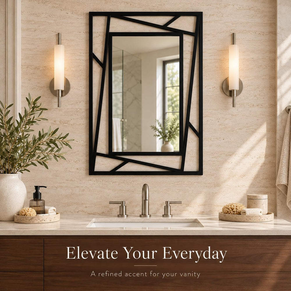 Black Geometric Wall Mirror, 36 x 24 Inch Decorative Metal Framed Bathroom Mi...