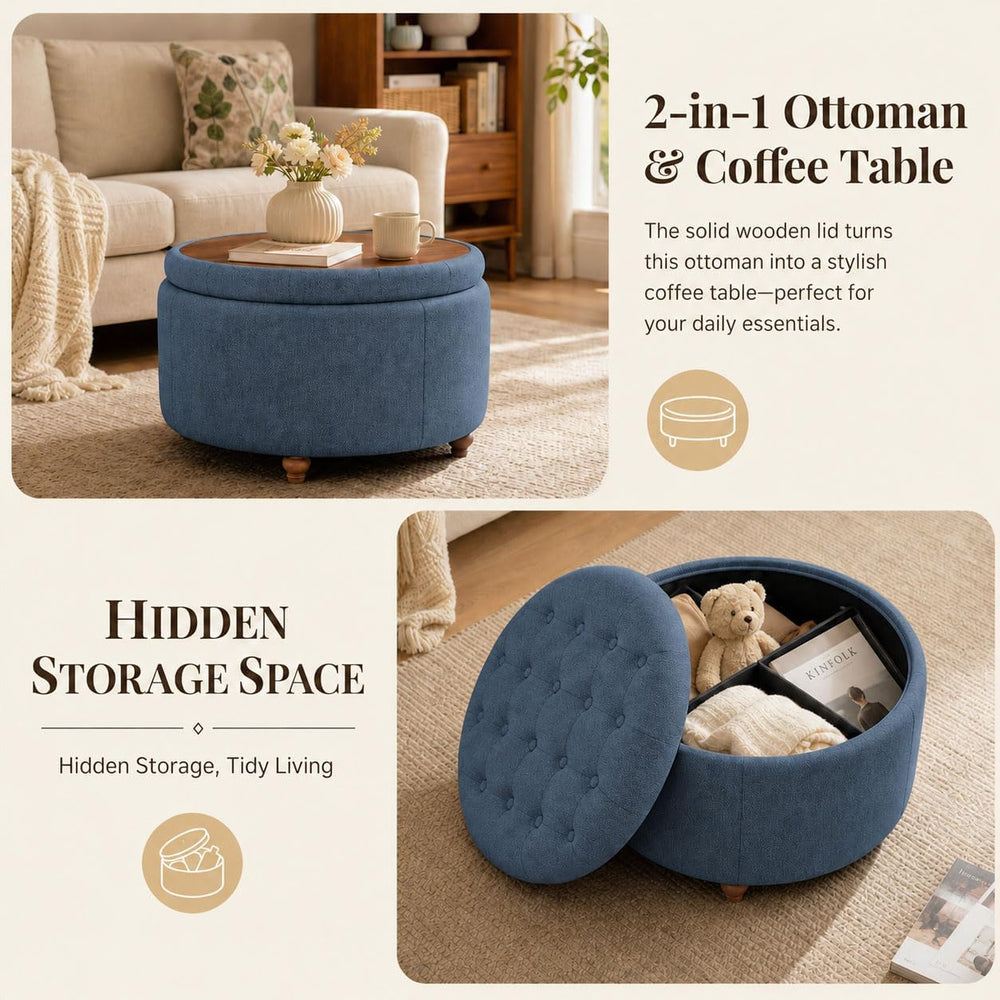 25" Round Ottoman with Storage, Small Coffee Table with Reversible Tray ...