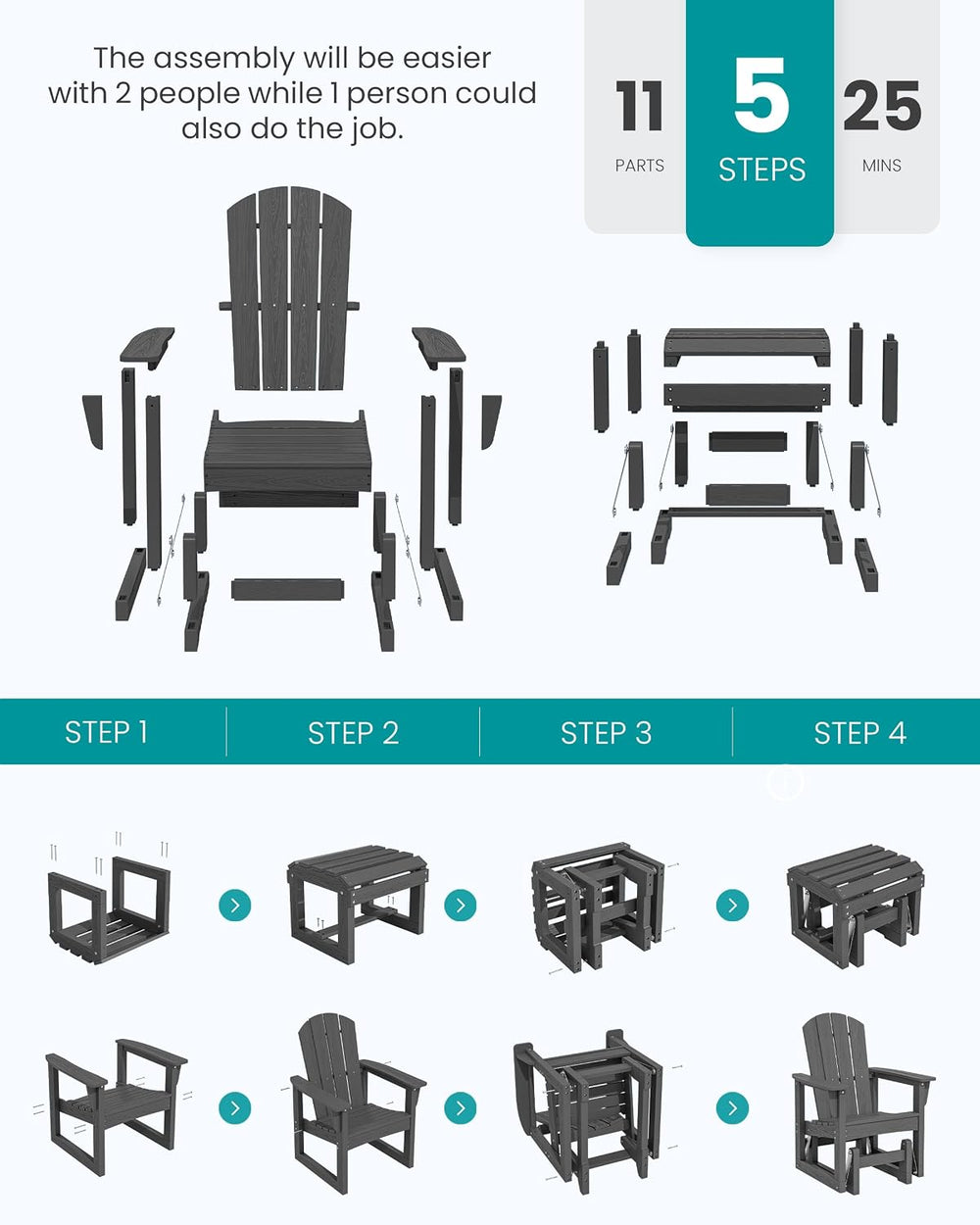 SERWALL HDPE Outdoor Glider with Ottoman Set of 4, All-Weather Patio Glider