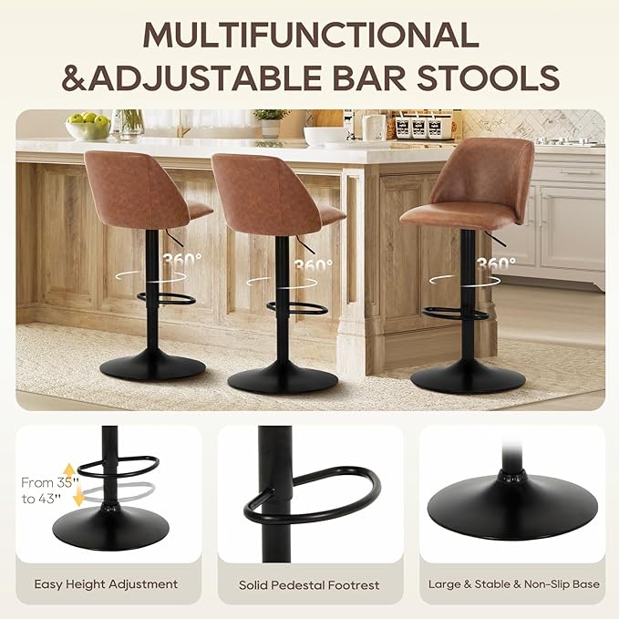 COLAMY Bar Stools Set of 2, Modern Swivel Bar Chairs, Adjustable PU Leather U...