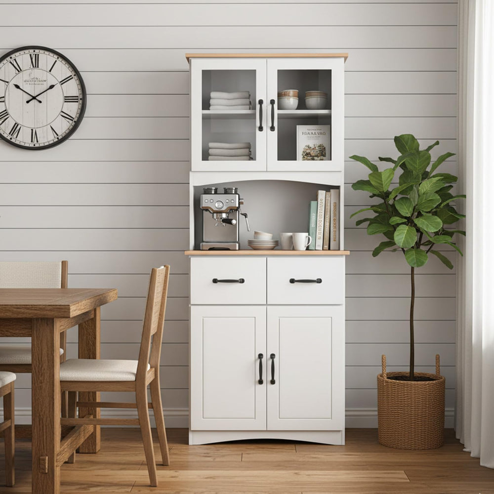 Microwave Cart with Storage, Freestanding Kitchen Pantry Cabinet with Stand &...