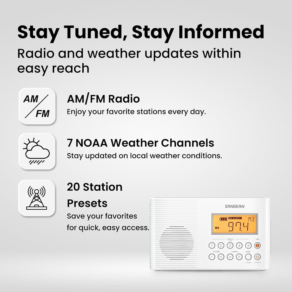 Sangean H201 Waterproof AM/FM Shower Radio with NOAA Weather Alert