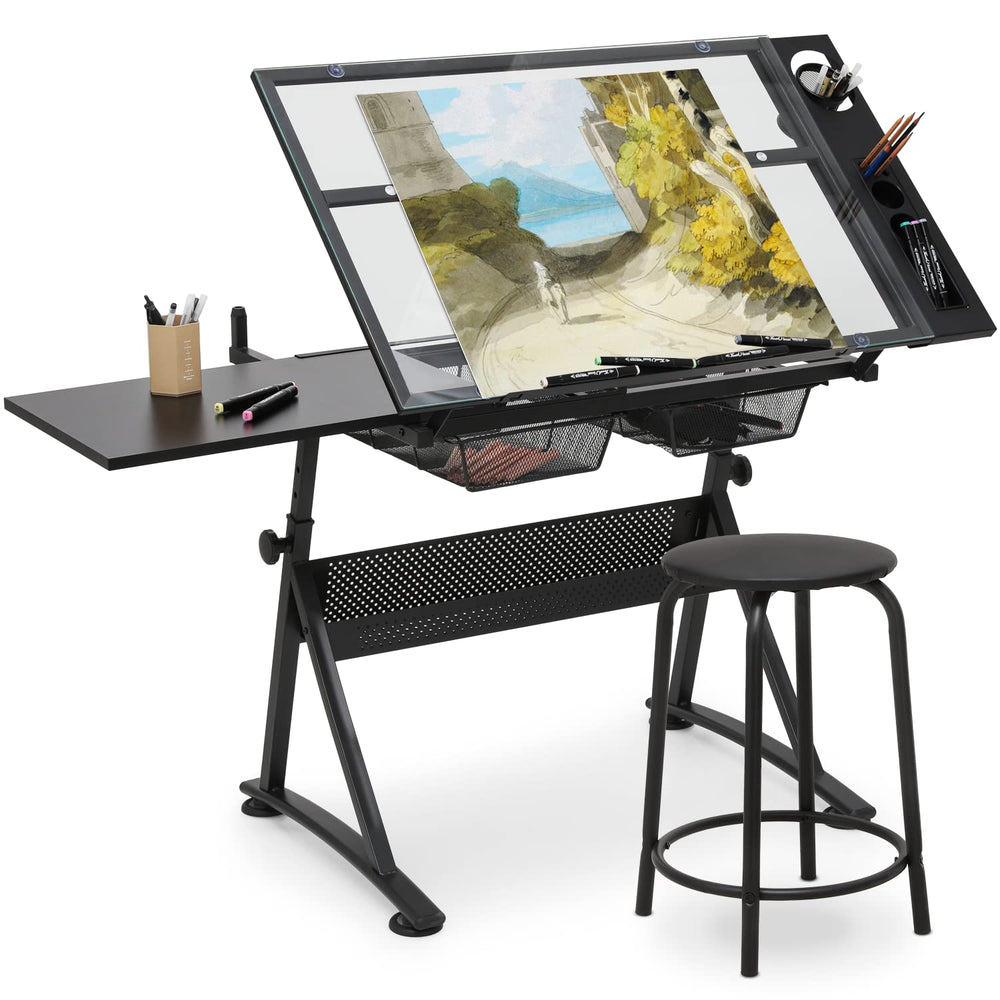 MoNiBloom Adjustable Height Drafting Table with Stool, Modern Style, Tough Gl...