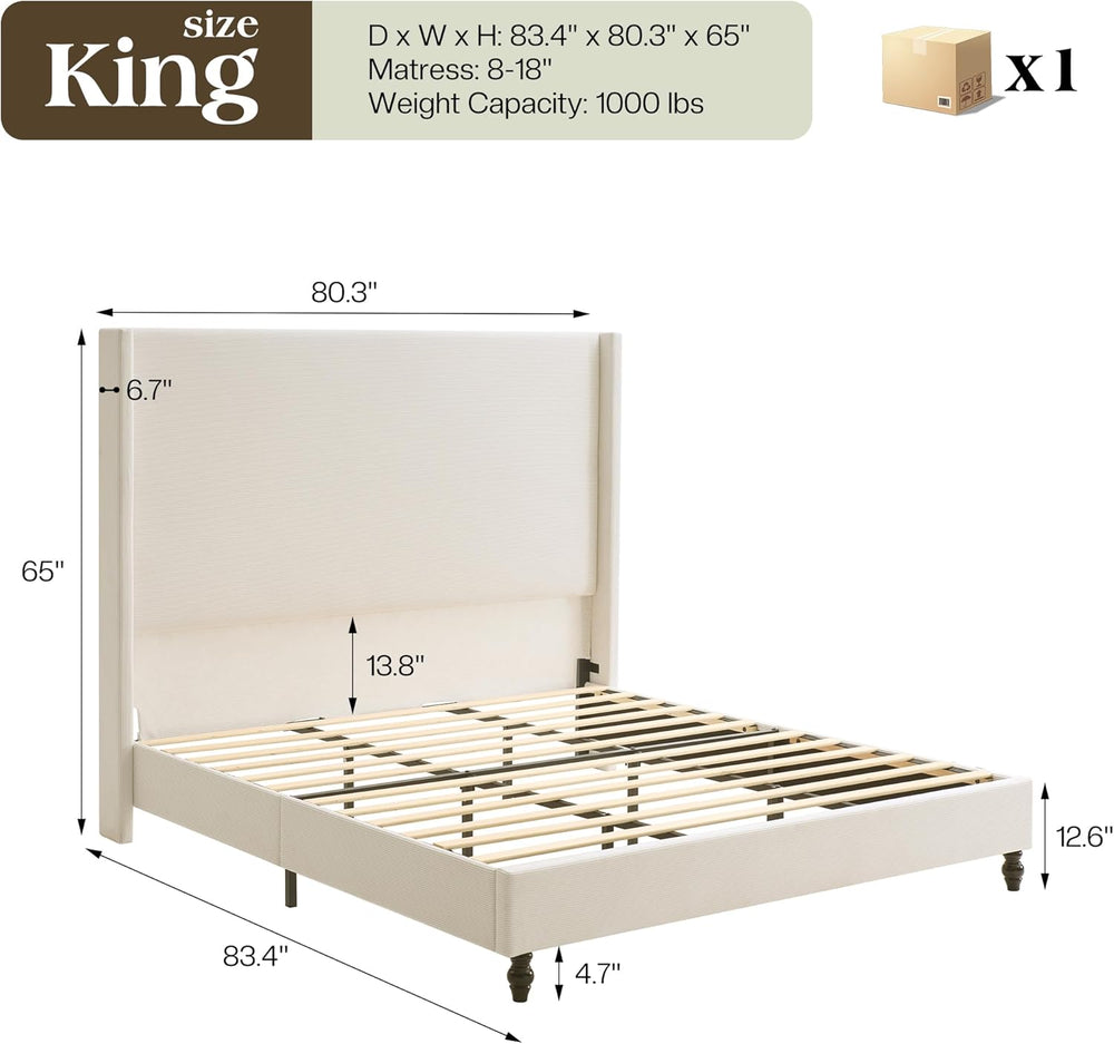 LUXOAK King Upholstered Bed Frame with 65" Headboard & Wingback, Cream