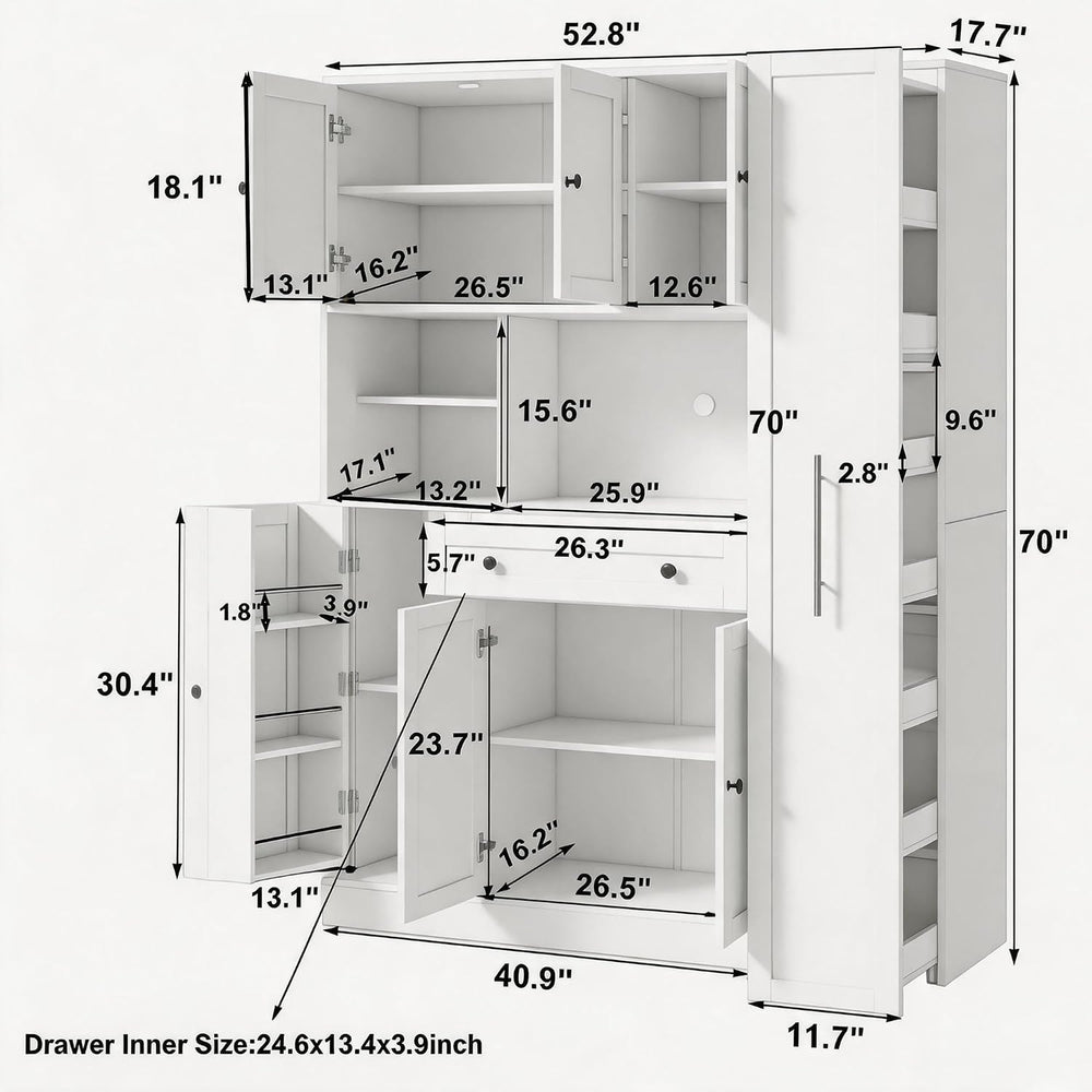 70 Inch Buffet with Hutch and Pull-Out Side Cabinet, White | White P2 MDF, ki...