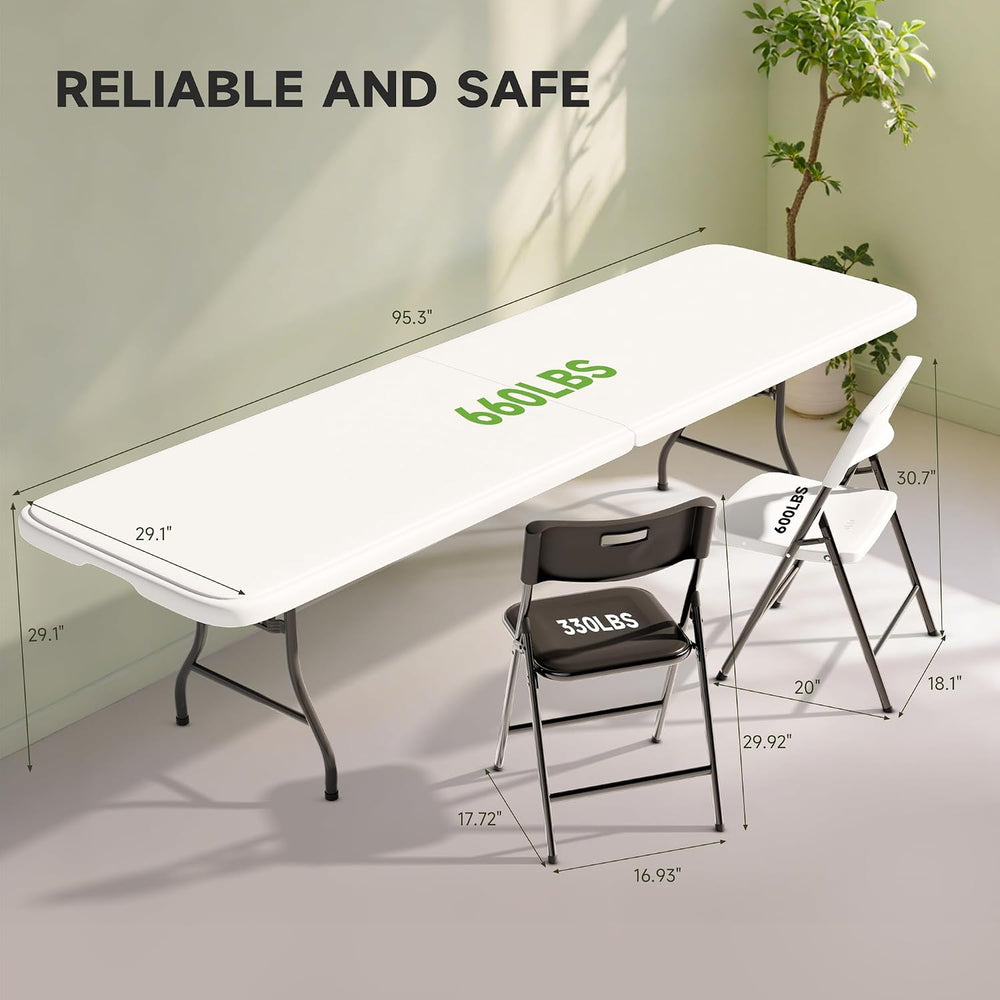 8FT Folding Table Set with 10 Chairs – Heavy-Duty 660 lb Table & 330 lb C...