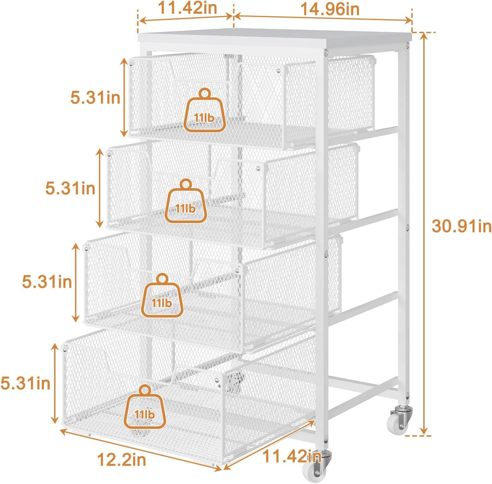 4-Tier Kitchen Storage Cart - Fruit Vegetable Storage Cart with Drawers, Wood...