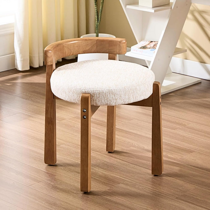 HEAH-YO Wood Vanity Chair with Back, Chenille Upholstered Ottoman Footstool, Mid-Century Modern Makeup Stool with Solid Wood Legs for Makeup Room Bedroom Living Room, Cream
