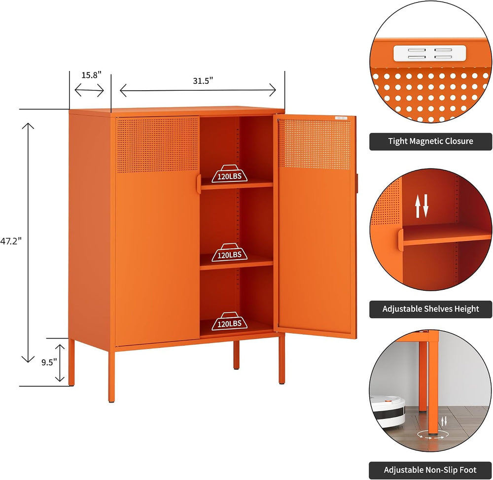 Orange 3 Tier Metal Storage Cabinet with Legs, 2 Door Metal Locker Style Acce...