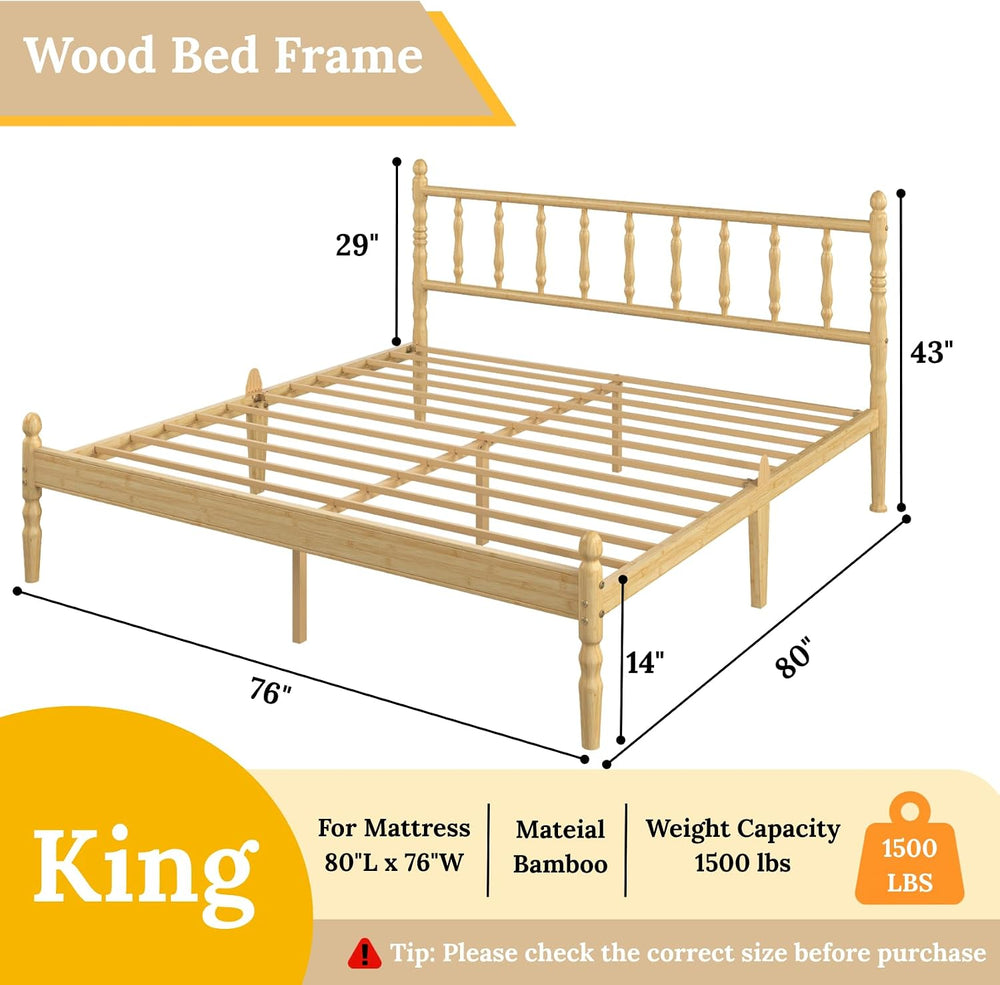 14 Inch Bamboo Wood Spindle Platform King Bed Frame with Headboard