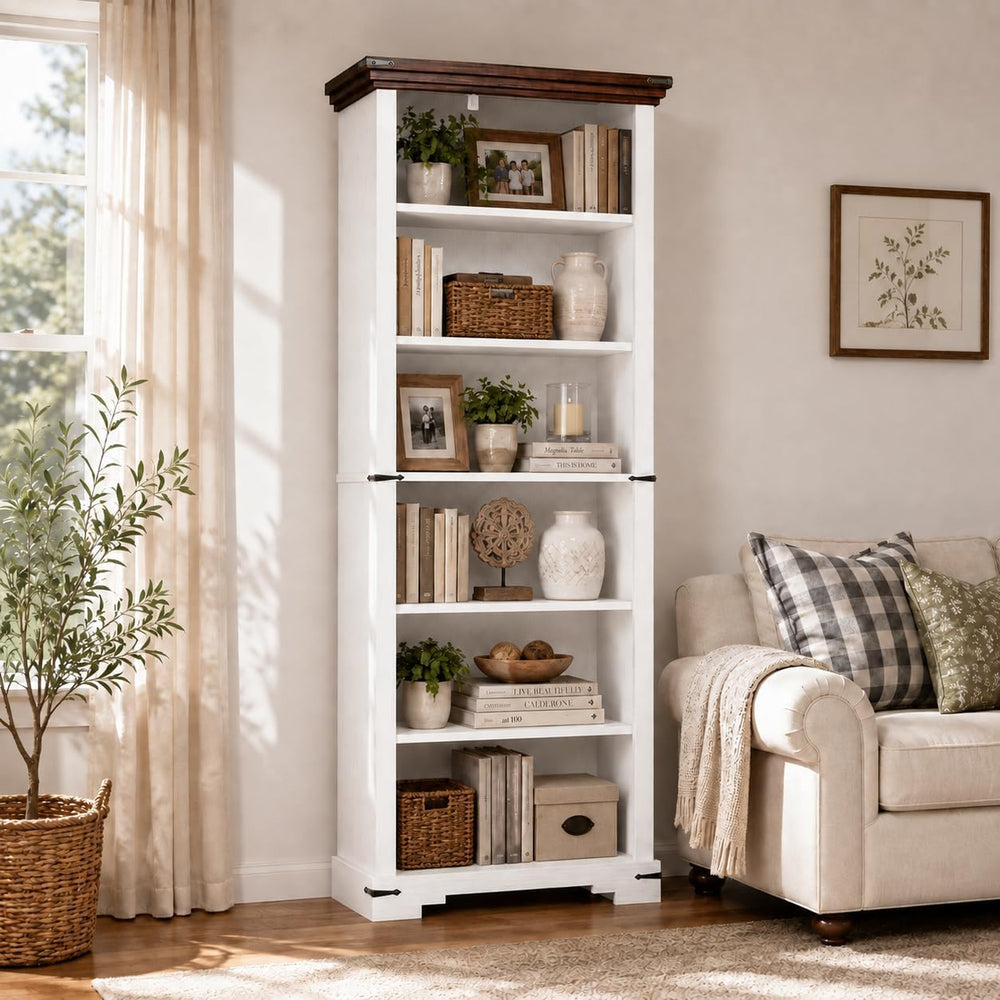 6-Tier Farmhouse Bookshelf, 73 inch Tall Bookcase with 2 Adjustable Shelves, ...