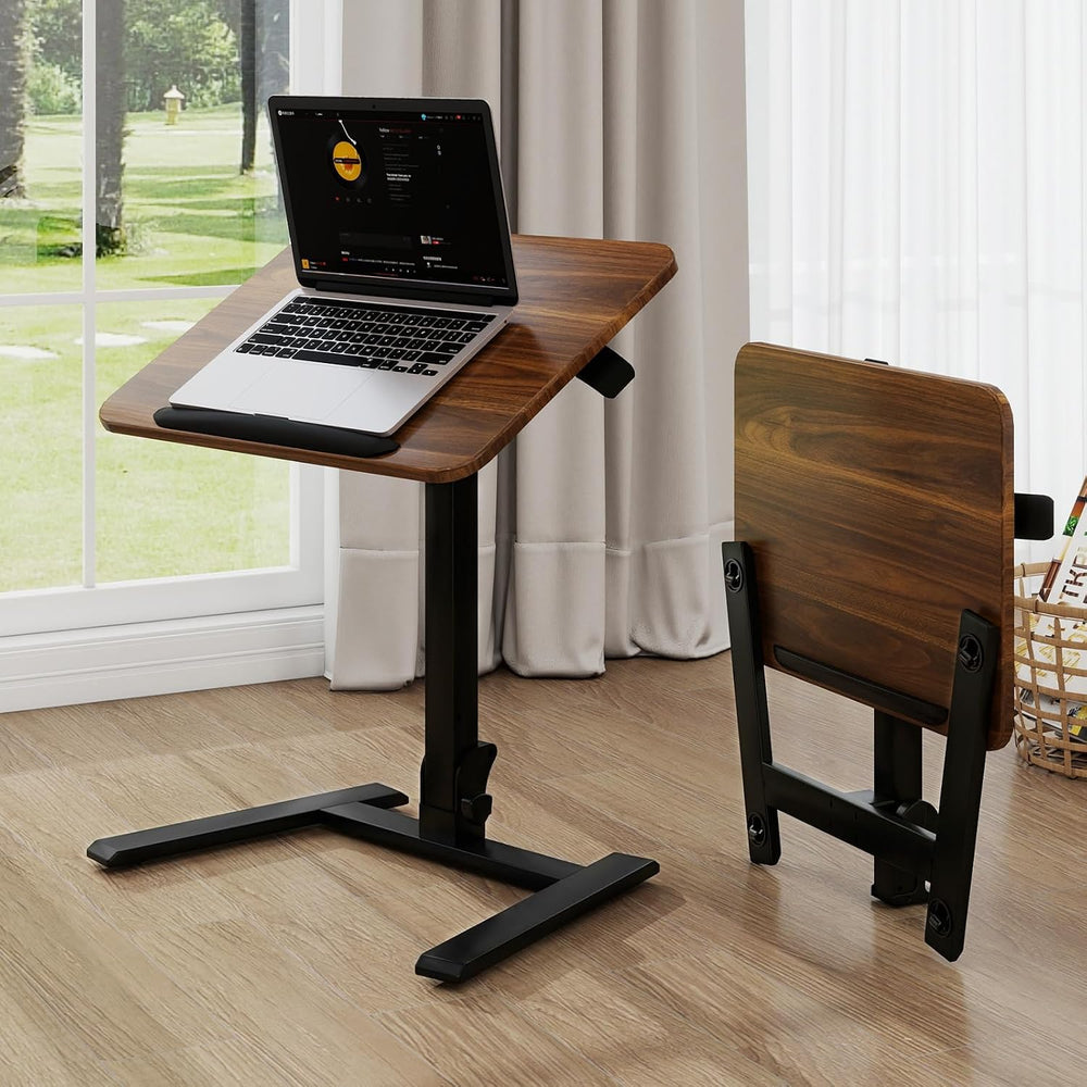 PUNCIA 26" Mobile Folding Desk, Pre-Assembled Pneumatic Sit-Stand, Walnut