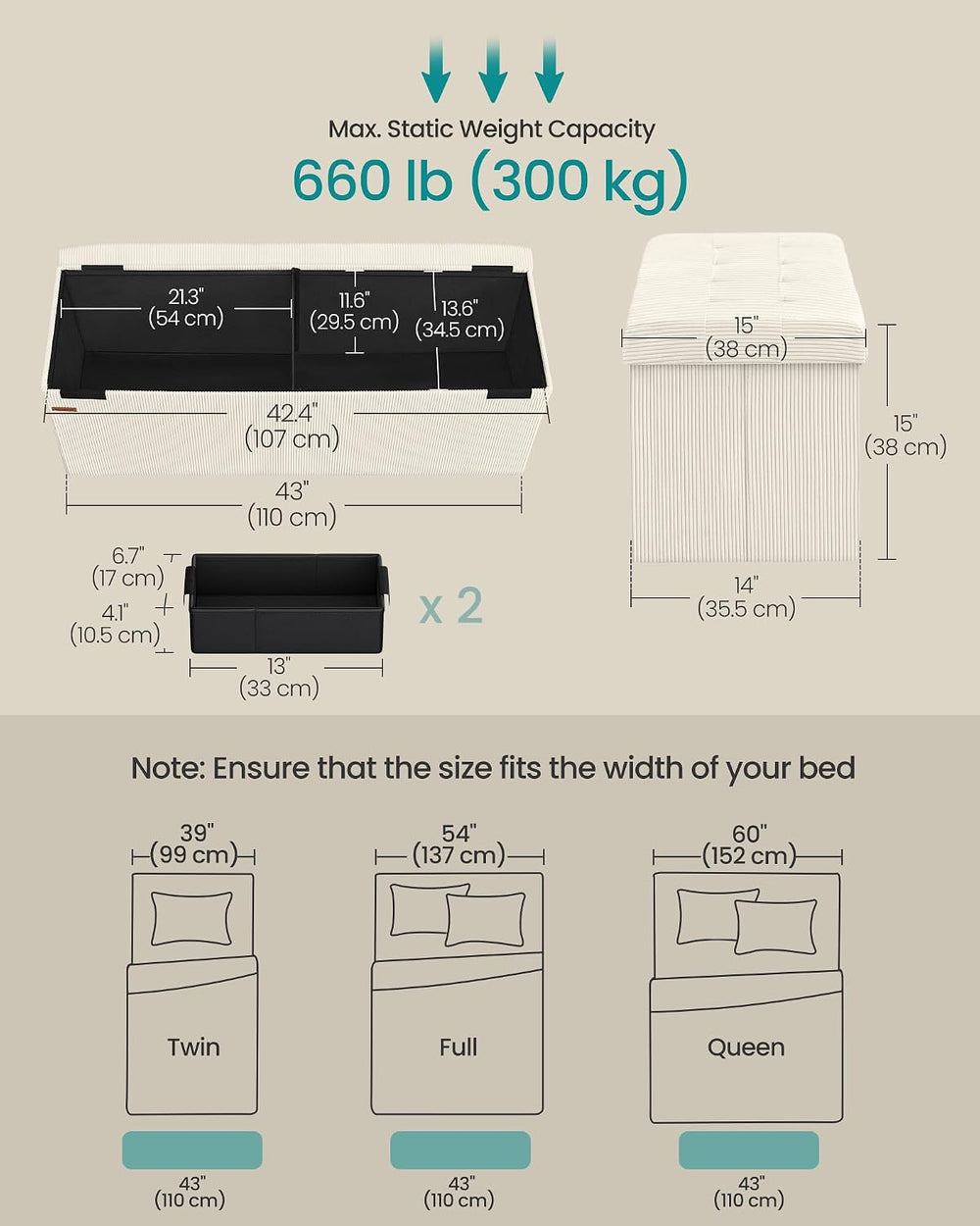 SONGMICS Ottoman Storage Bench, 43 Inch Foldable Foot Rest | Corduroy, for En...