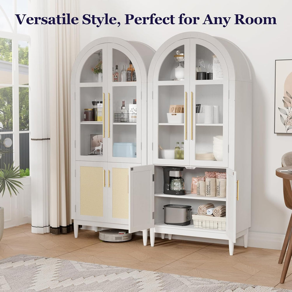 71" Tall Arched Cabinet with Glass Doors, Kitchen Pantry Storage Cabinet...