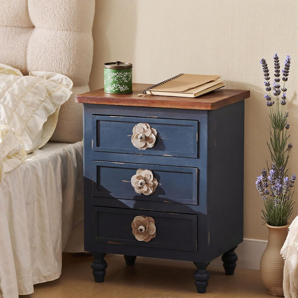 Vintage Farmhouse End Table with Floral Knobs – 19" Rustic Nightstand wi...