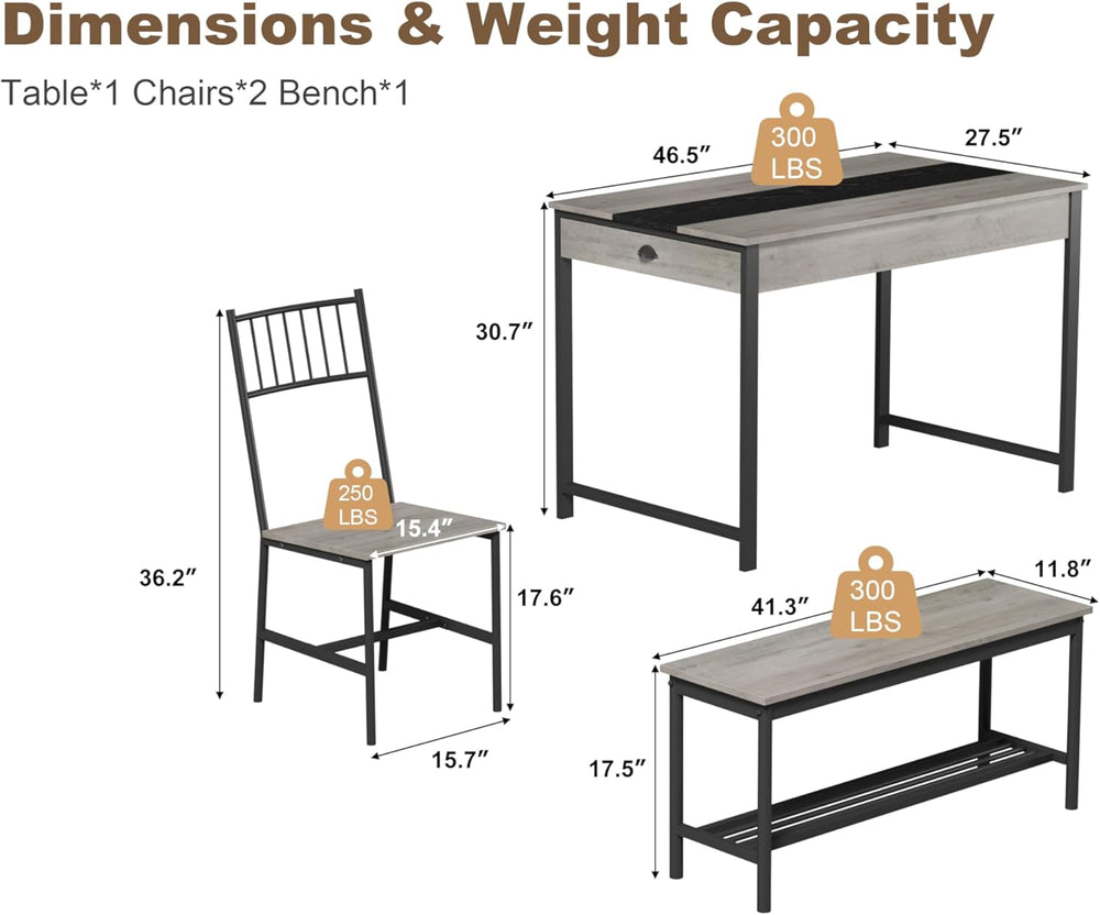 GarveeHome Dining Table Set for 4,Kitchen Table with Bench & 2 Chairs, Grey