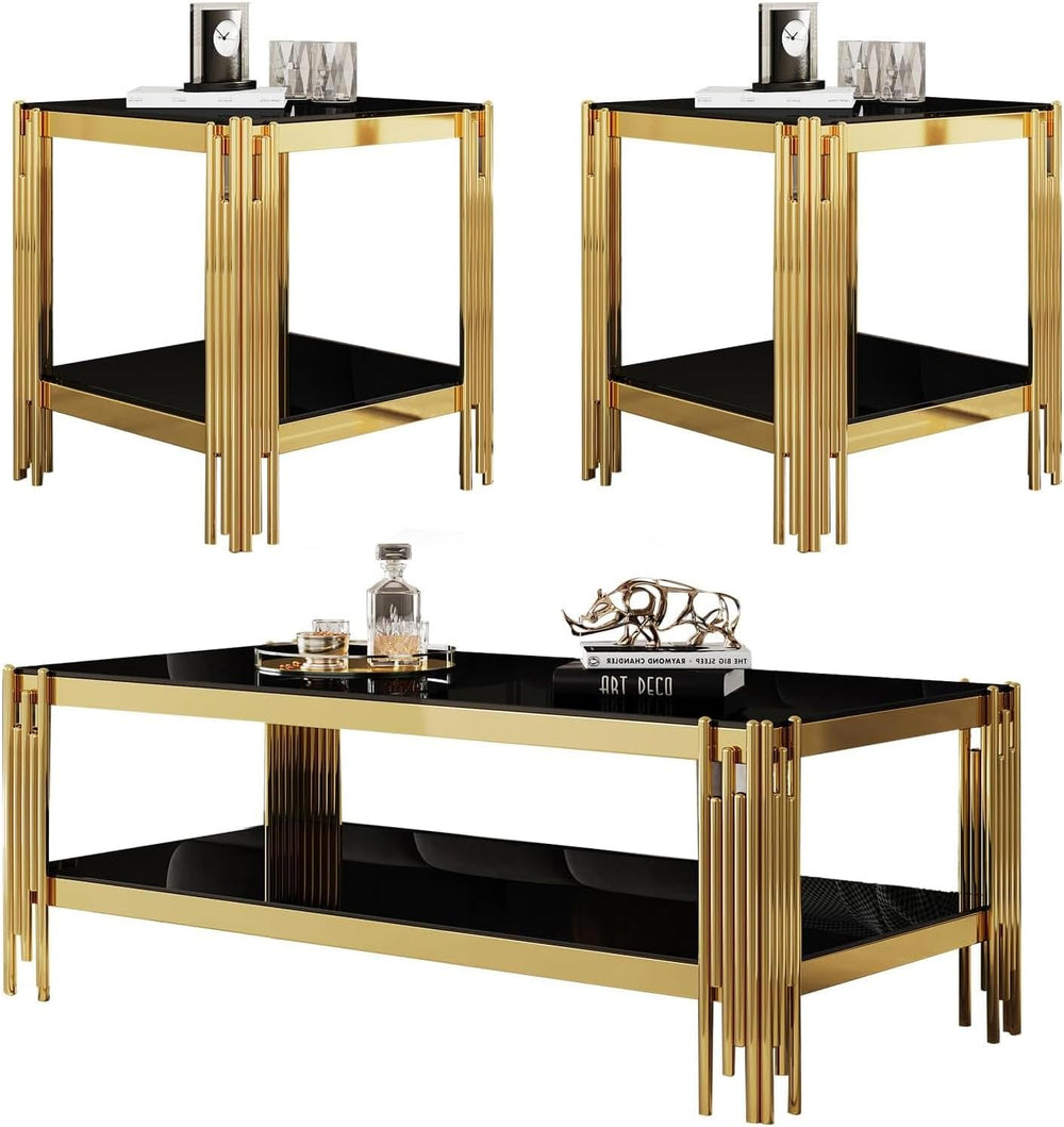 Henf 3-Piece Black Glass Living Room Table Set, 2-Tier Glass Coffee Table &am...