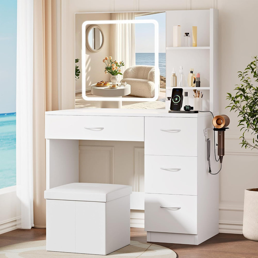 LIVELYGLOW White Makeup Vanity Desk with Charging Station & 4 Drawers