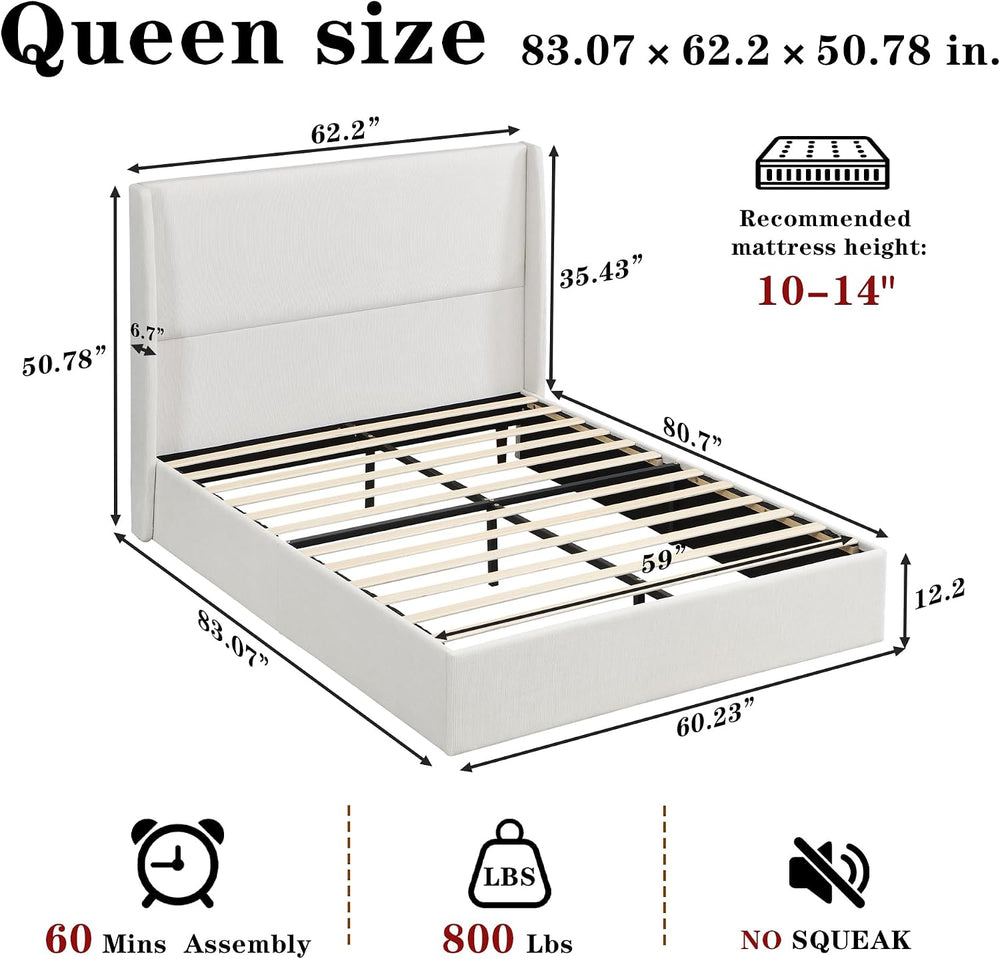 Queen Size Upholstered Bed Frame, 50.8" High Headboard Wingback Bed Fram...