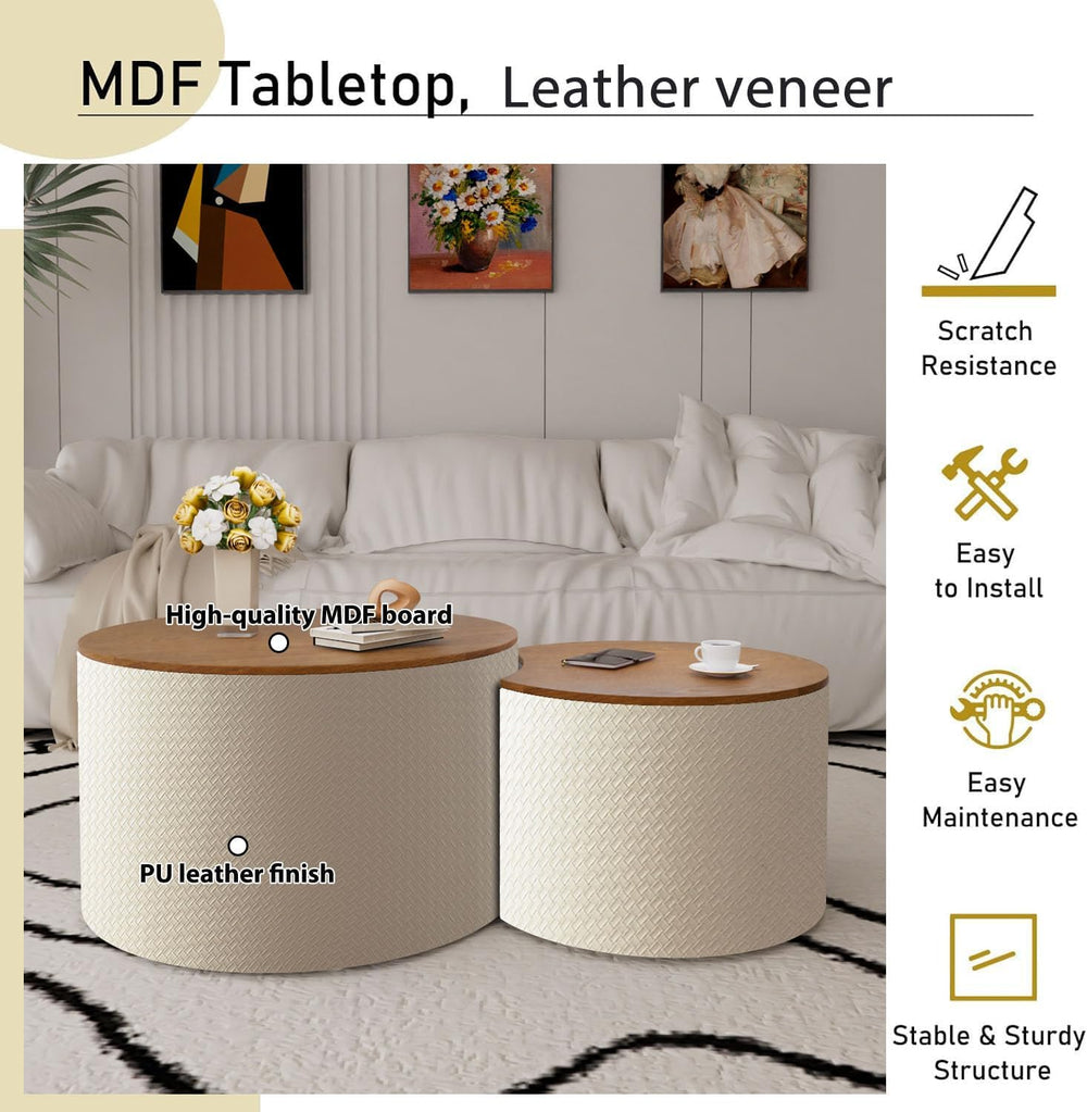 26.8 in White Round Storage Nesting Coffee Table Set of 2 | Modern Round Side...