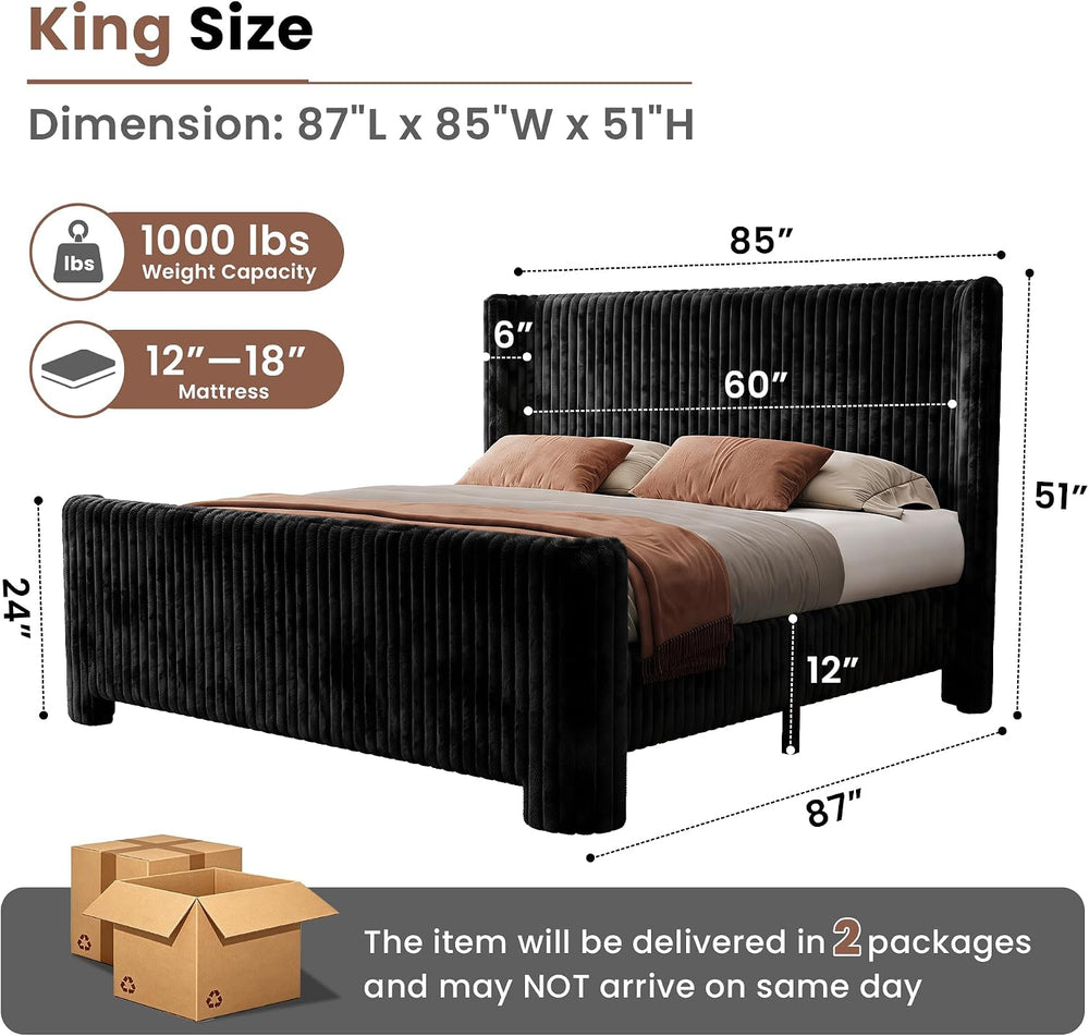 King Bed Frame with Faux Fur Upholstered Curved Wingback Headboard & Foot...