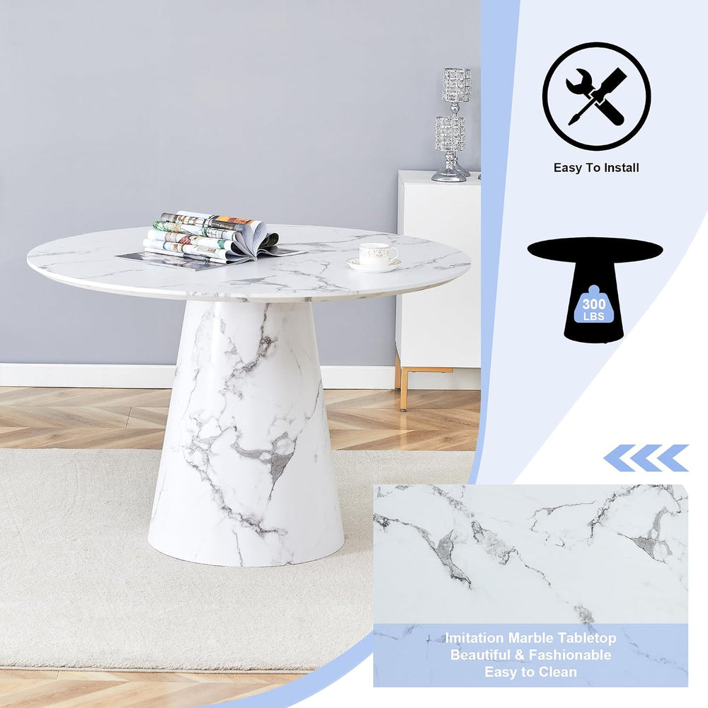 White Dining Table,45'' Round Dining Table for 4-6,Modern Marble-Look...